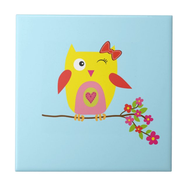 Cute Owl Yellow Pink Illustration Tile (Front)