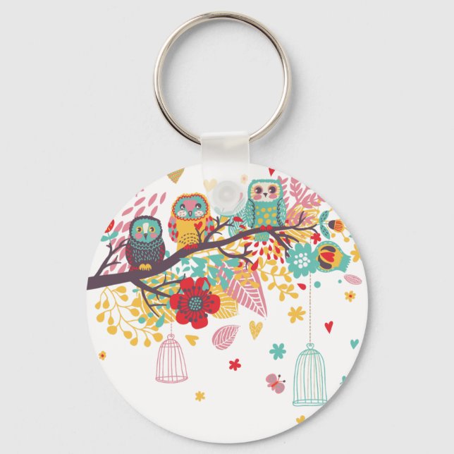 Cute Owls and colourful floral image background Key Ring (Front)