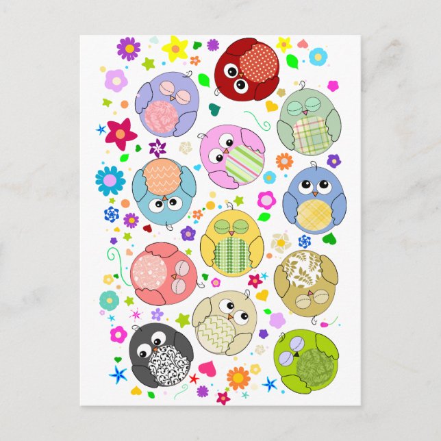 Cute Owls and Flowers pattern Postcard (Front)