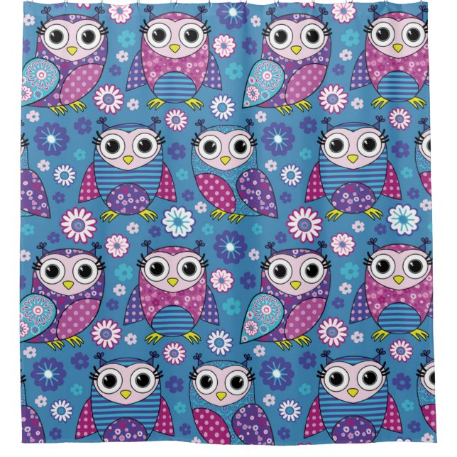 Cute Owls And Flowers Shower Curtain (Front)