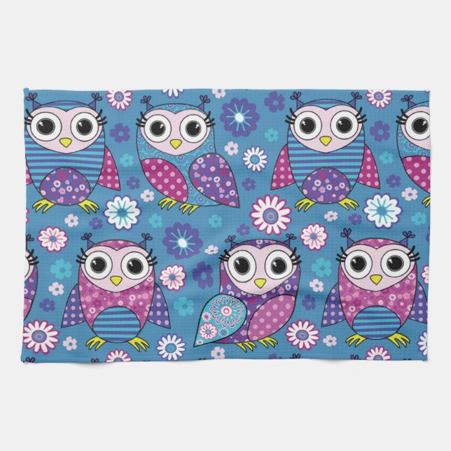 Cute Owls And Flowers Tea Towel (Horizontal)