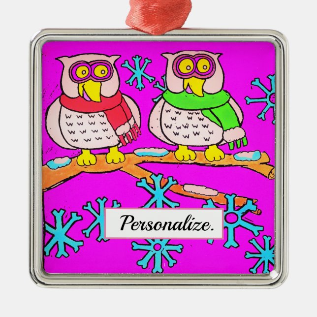 Cute Owls And Large Snowflakes Personalised Metal Tree Decoration (Front)