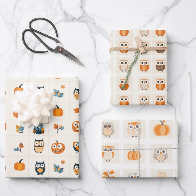 Cute Owls and Pumpkins Autumn Wrapping Paper Sheet (Front)