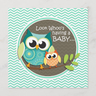 Cute Owls; Aqua Green Chevron Invitation
