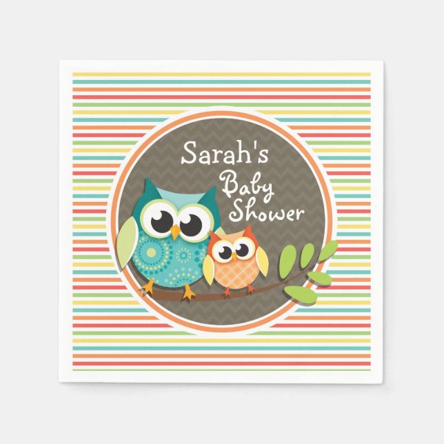 Cute Owls Baby Shower, Bright Rainbow Stripes Napkin (Front)