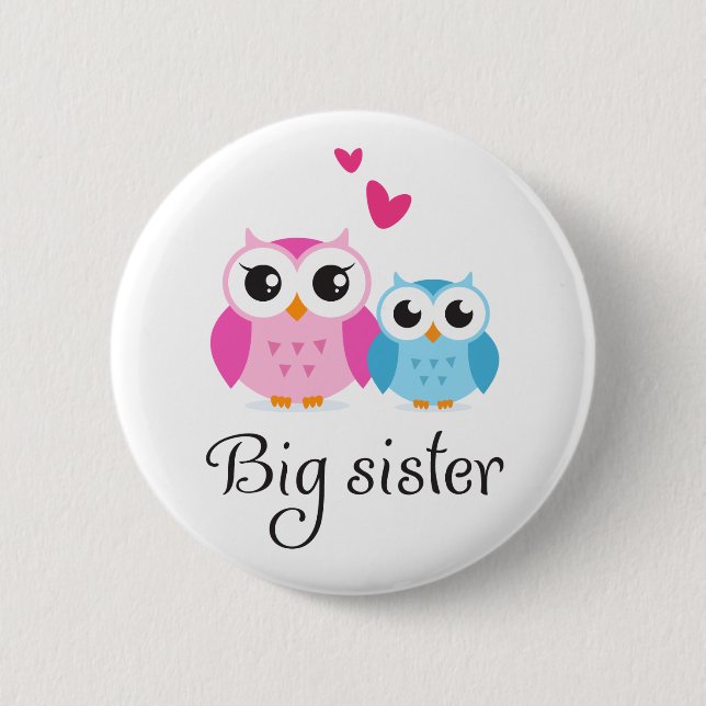 Cute owls big sister little brother cartoon 6 cm round badge (Front)