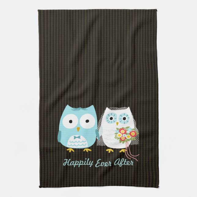 Cute Owls Bride and Groom - Happily Ever After Tea Towel (Vertical)