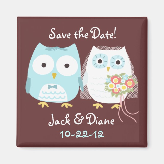 Cute Owls Bride and Groom Save the Wedding Date Magnet (Front)