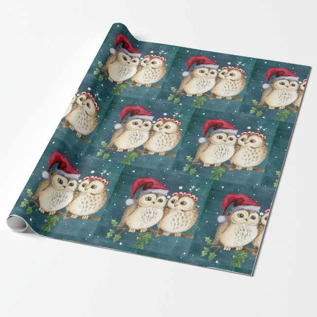 Cute Owls Christmas Wrapping Paper (Unrolled)