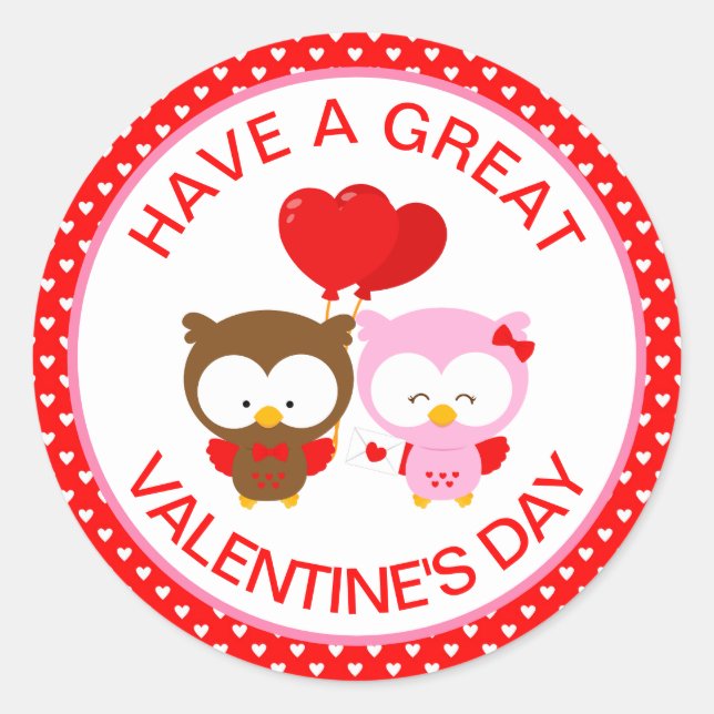 Cute Owls Couple and Hearts Valentine's Day Classic Round Sticker (Front)