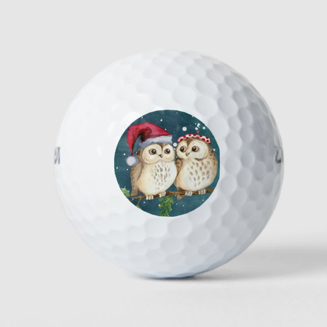 Cute Owls Couple Christmas Santa Hat Decoration Golf Balls (Front)