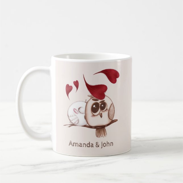 Cute Owls Couple Names Personalised Coffee Mug (Left)