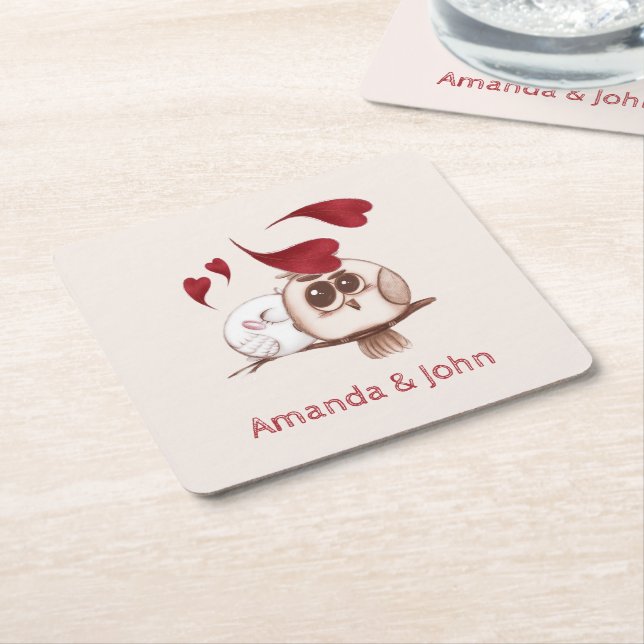 Cute Owls Couple Names Personalised Paper Coaster (Angled)