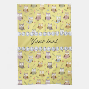 Cute Owls Faux Gold Foil Bling Diamonds Tea Towel
