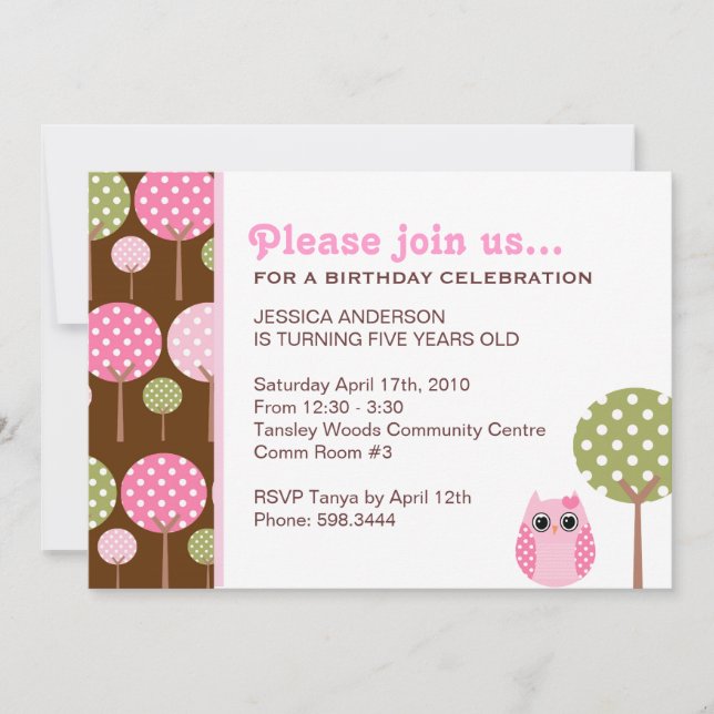 Cute Owls Girls Birthday Party Invitation (Front)