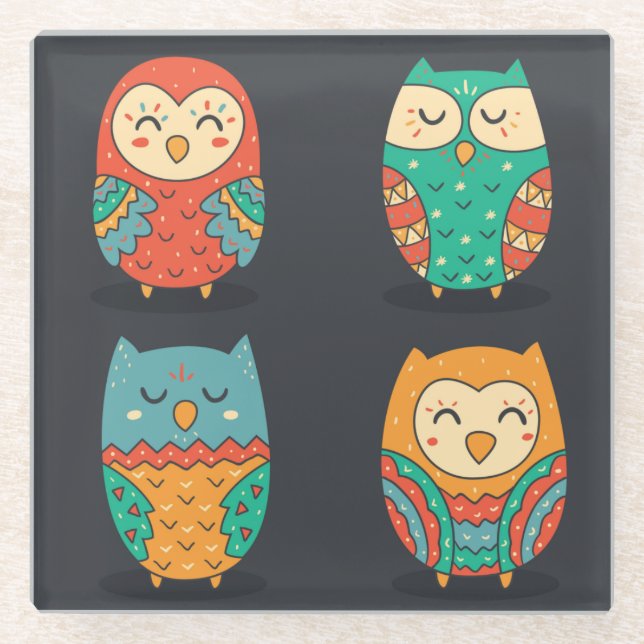 Cute Owls Glass Coaster (Front)