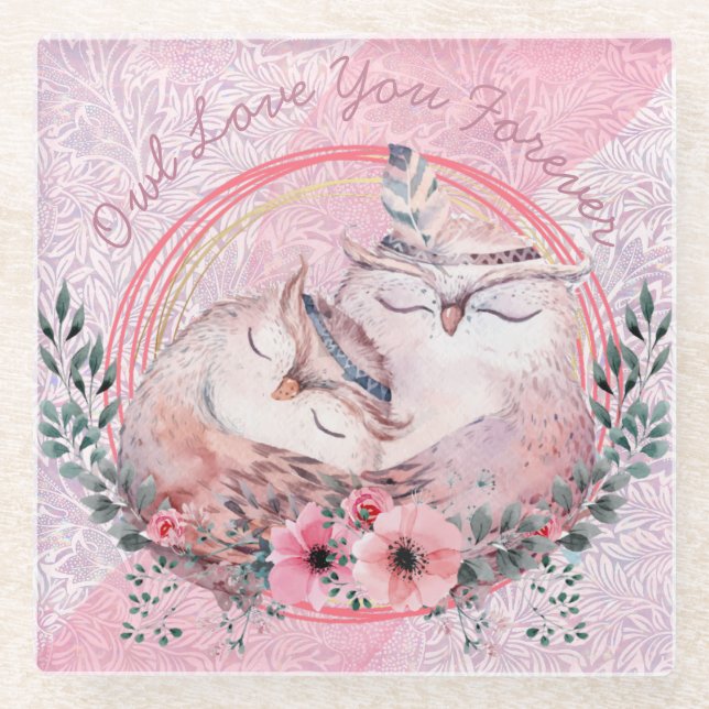 Cute Owls Glass Coaster (Front)