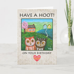 Cute Owls in Countryside Folk Art Custom Birthday  Card
