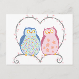 Cute Owls in Love Heart Pink Blue Clipart Postcard