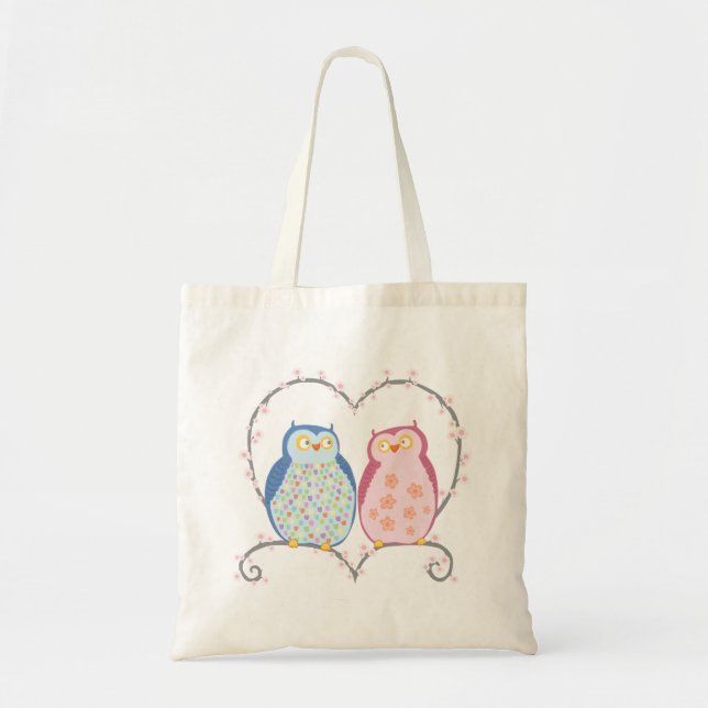Cute Owls in Love Heart Pink Blue Clipart Tote Bag (Front)