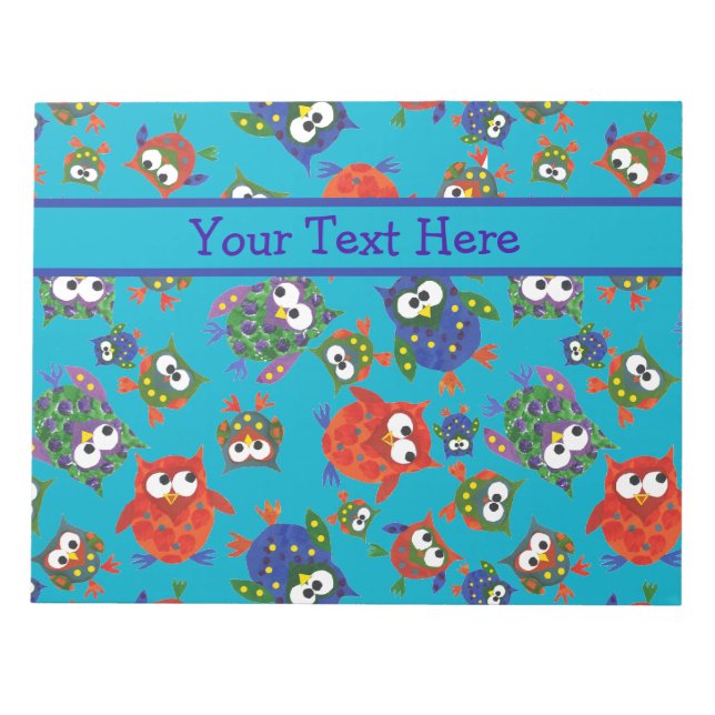 Cute Owls Notepad or Jotter, Red, Blue, Green (Front)
