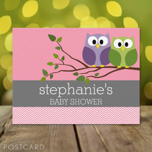 Cute Owls on Branch Baby Girl Shower Pink Invitation Postcard