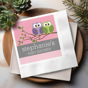 Cute Owls on Branch Baby Girl Shower Pink Napkin