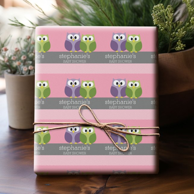 Cute Owls on Branch Baby Girl Shower Pink Wrapping Paper (Custom Wrapping Paper)