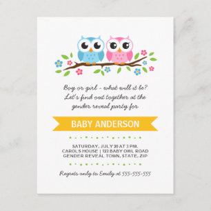 Cute owls on floral branch baby reveal party invitation