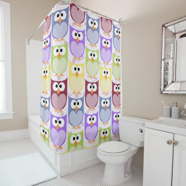 Cute Owls, Owl Pattern, Baby Owls, Colourful Owls Shower Curtain (In Situ)