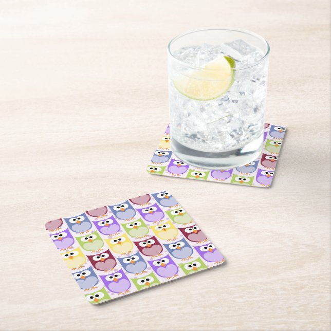Cute Owls, Owl Pattern, Baby Owls, Colourful Owls Square Paper Coaster (Insitu)