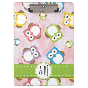 Cute Owls, Owl Pattern, Colourful Owls, Monogram Clipboard