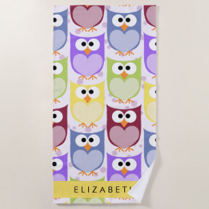 Cute Owls, Owl Pattern, Colourful Owls, Your Name Beach Towel