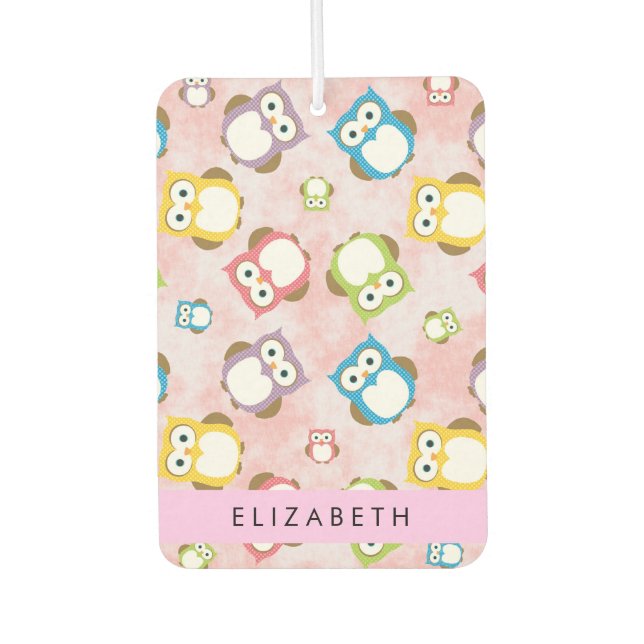 Cute Owls, Owl Pattern, Colourful Owls, Your Name Car Air Freshener (Front)