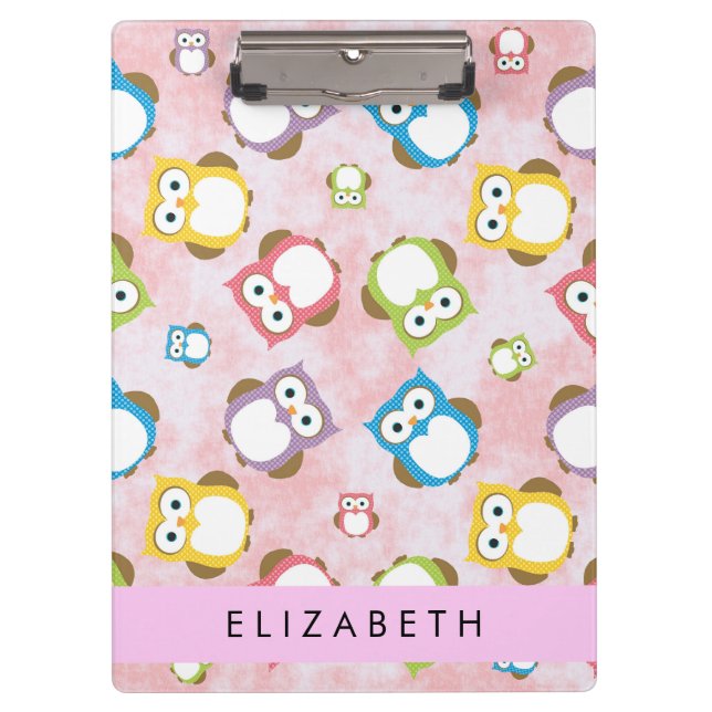 Cute Owls, Owl Pattern, Colourful Owls, Your Name Clipboard (Front)