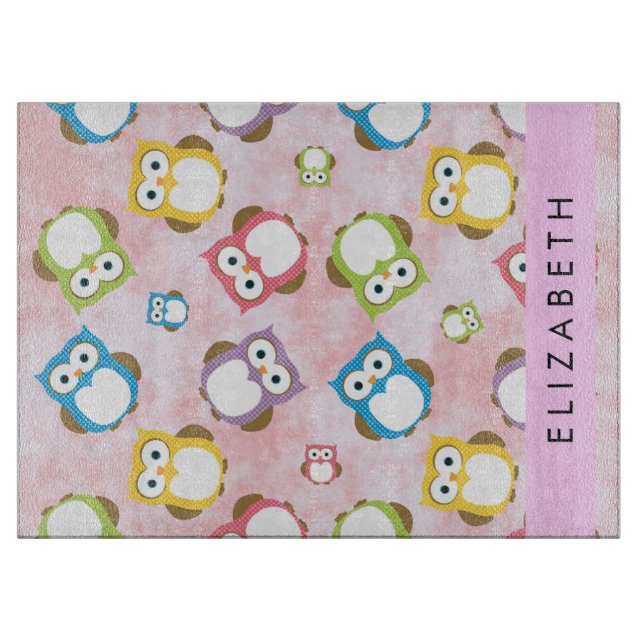 Cute Owls, Owl Pattern, Colourful Owls, Your Name Cutting Board (Front)