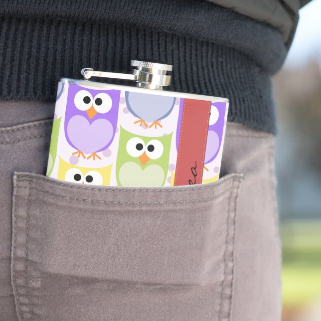 Cute Owls, Owl Pattern, Colourful Owls, Your Name Hip Flask (In Situ)