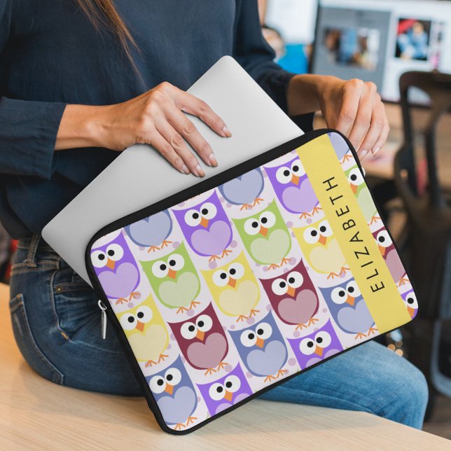 Cute Owls, Owl Pattern, Colourful Owls, Your Name Laptop Sleeve (Creator Uploaded)