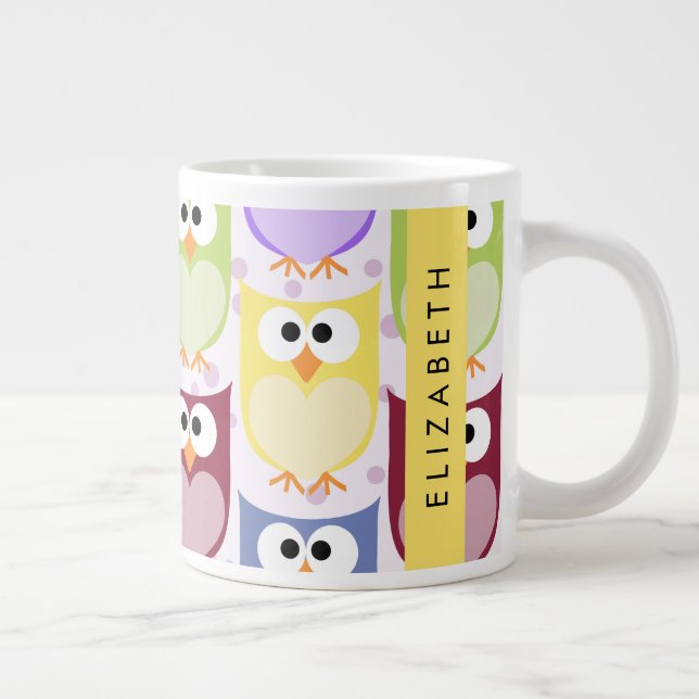 Cute Owls, Owl Pattern, Colourful Owls, Your Name Large Coffee Mug (Right)