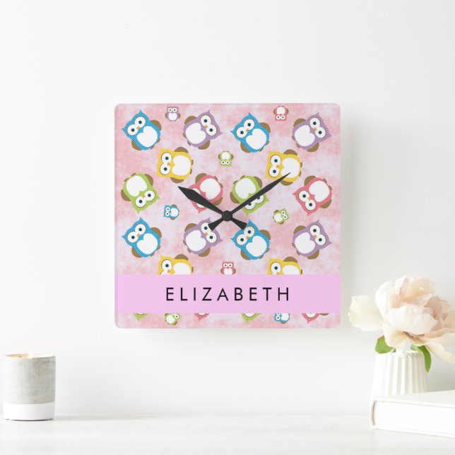 Cute Owls, Owl Pattern, Colourful Owls, Your Name Square Wall Clock (Home)