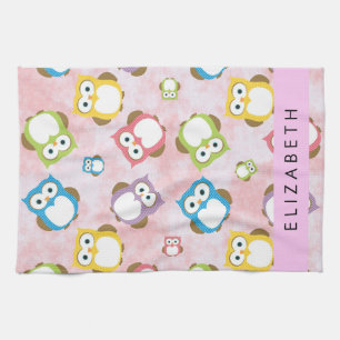 Cute Owls, Owl Pattern, Colourful Owls, Your Name Tea Towel