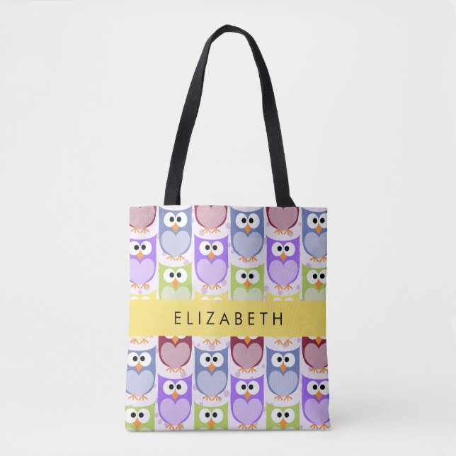 Cute Owls, Owl Pattern, Colourful Owls, Your Name Tote Bag (Front)
