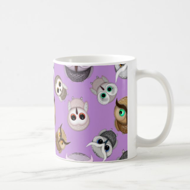 Cute Owls Pattern on Purple Background Coffee Mug (Right)