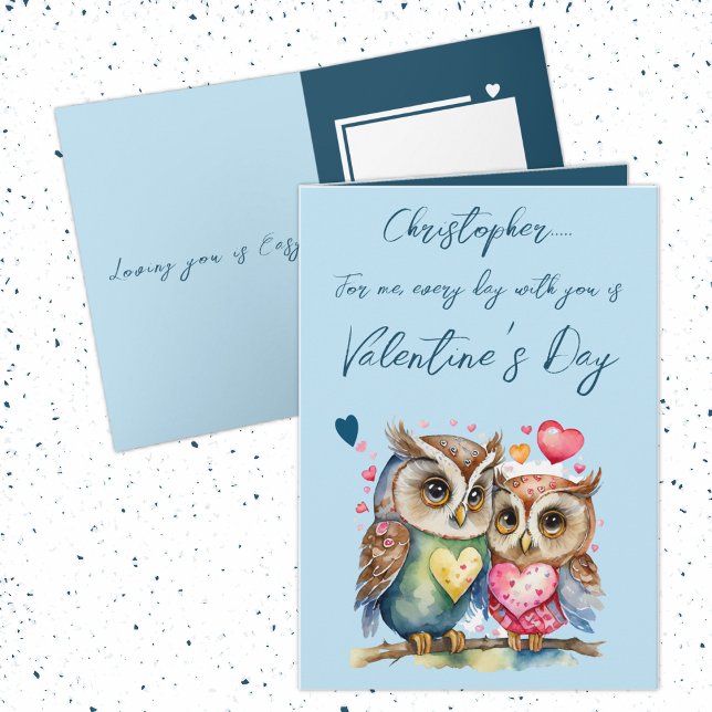 Cute owls personalised name blue Valentine's Day Card (Creator Uploaded)