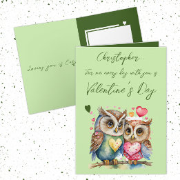 Cute owls personalised name green Valentine's Day Card