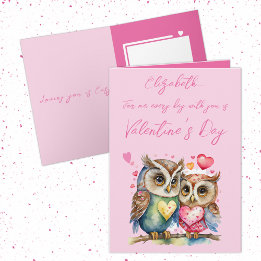 Cute owls personalised name pink Valentine's Day Card