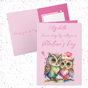 Cute owls personalised name pink Valentine's Day Card