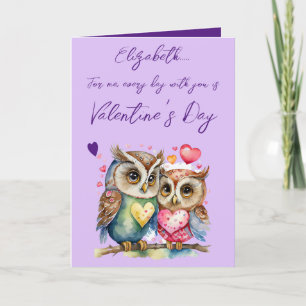 Cute owls personalised name purple Valentine's Day Card