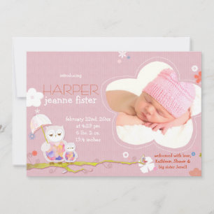 Cute Owls Pink Baby Girl Photo Birth Announcement