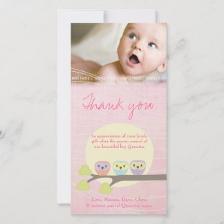 Cute Owls Pink Baby Thank You Photo Card